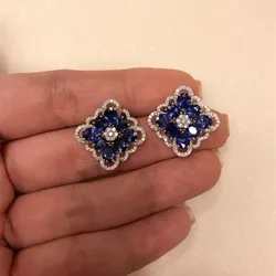 Huitan Gorgeous Blue CZ Earrings Women Engagement Wedding Anniversary Party Elegant Lady's Ear Stud Accessories Fashion Jewelry