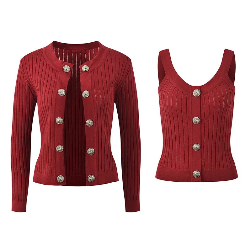 

Новый весенний комплект из двух предметов, вязаный открытый кардиган, топ и жилет, комплект из двух предметов, верхняя одежда для похудения для женщин