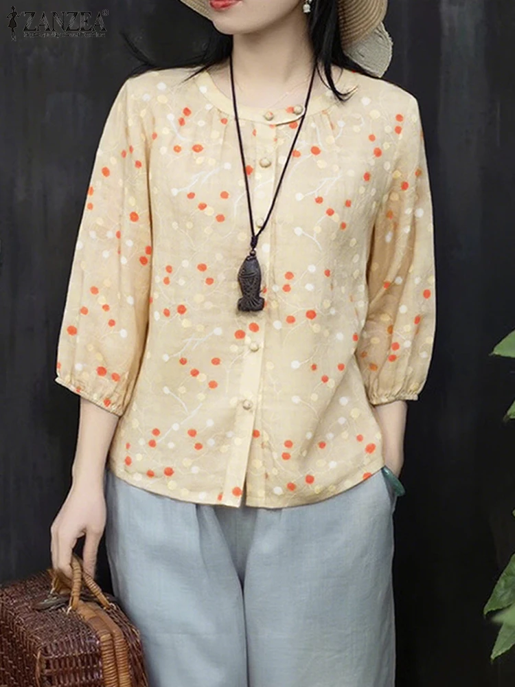 

ZANZEA 2025 Printed Shirts Women Casual Loose Tunic Fashion 3/4 Lantern Sleeve Tops Buttons O Neck Summer Blusas Oversized