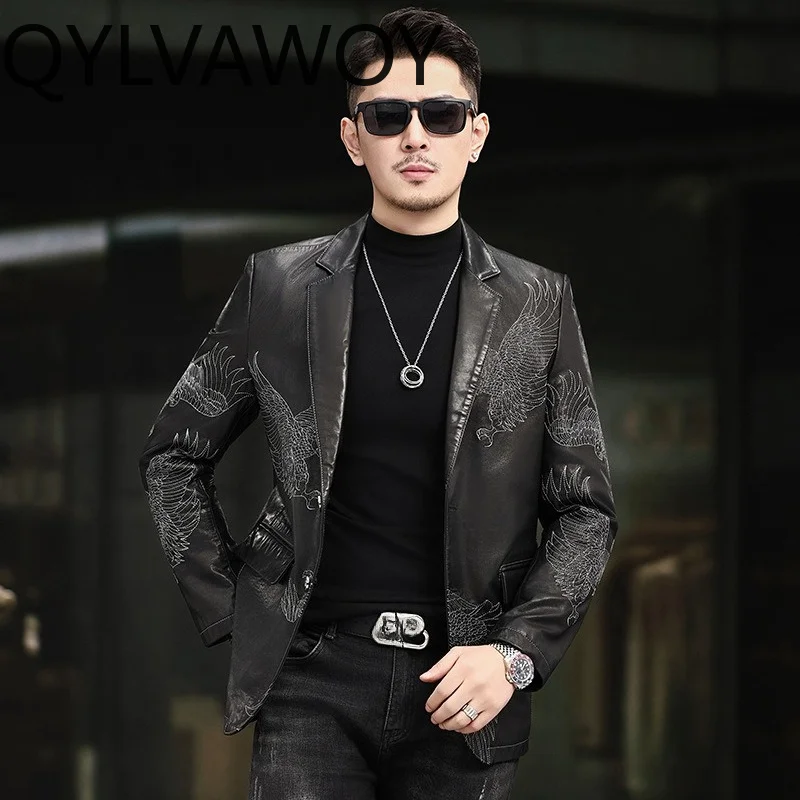 QYLVAWOY Top-grain Cowhide Real Leather Jacket Men Embroidered Blazer Leather Coat Chic Jackets of Men Black Outerwear Jaqueta