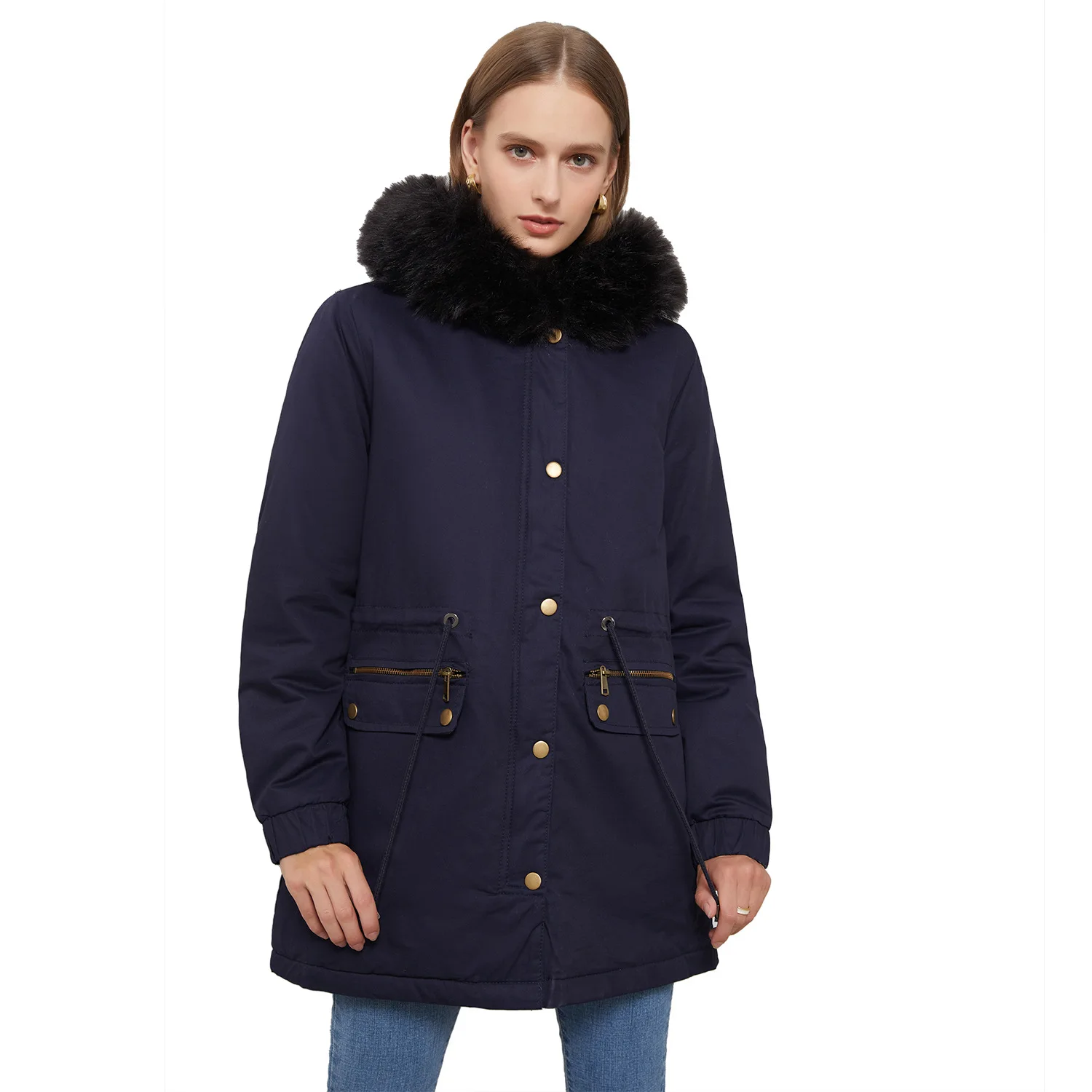 

Fashion Women Winter Warm Fur Collar Hooded Plush Cotton Jacket Overcoat Office Lady Outdoor Cold-proof Zipper Velvet Coat Gift