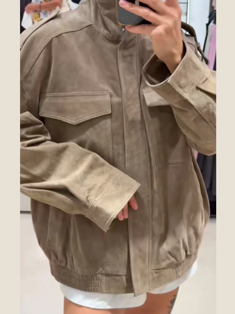 Outono inverno chique jaqueta de camurça falsa para mulheres gola manga cheia casaco com zíper bolso outwears 2025 novo feminino streetwears