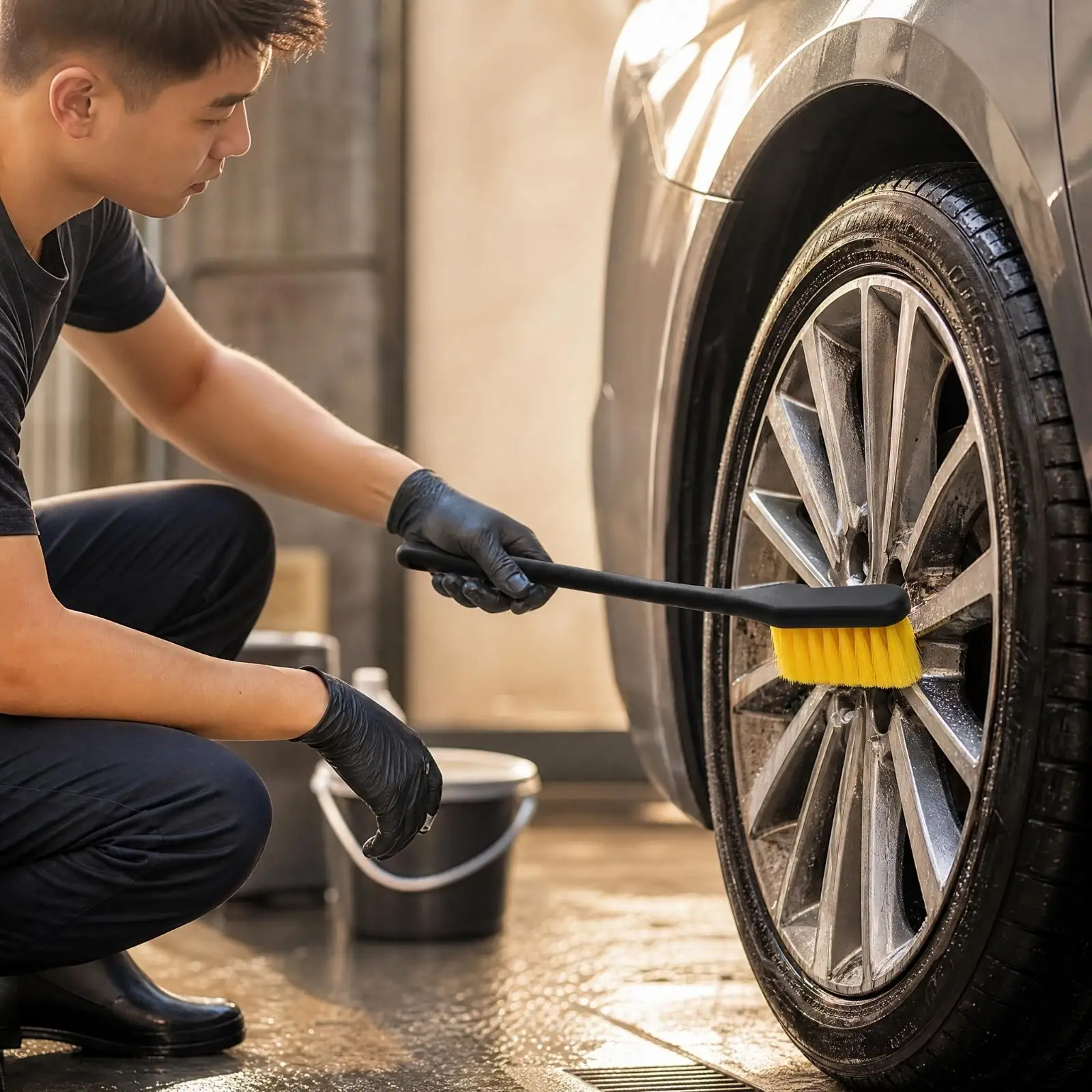 Fiber Bristle Car Cleaning Brush Long Handle for Tire Detailing and Wash