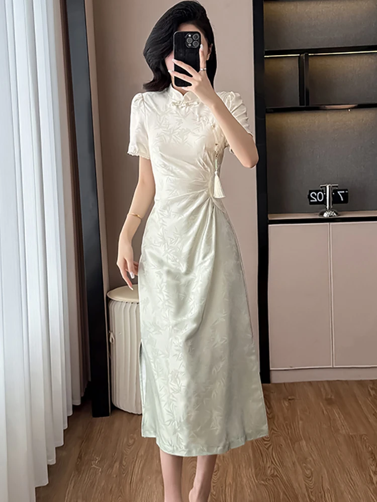 

Women Korean Vintage Luxury Evening Dress Gown Summer White Jacquard Tassel Dress 2025 New Pleated Bodycon Casual Holiday Dress