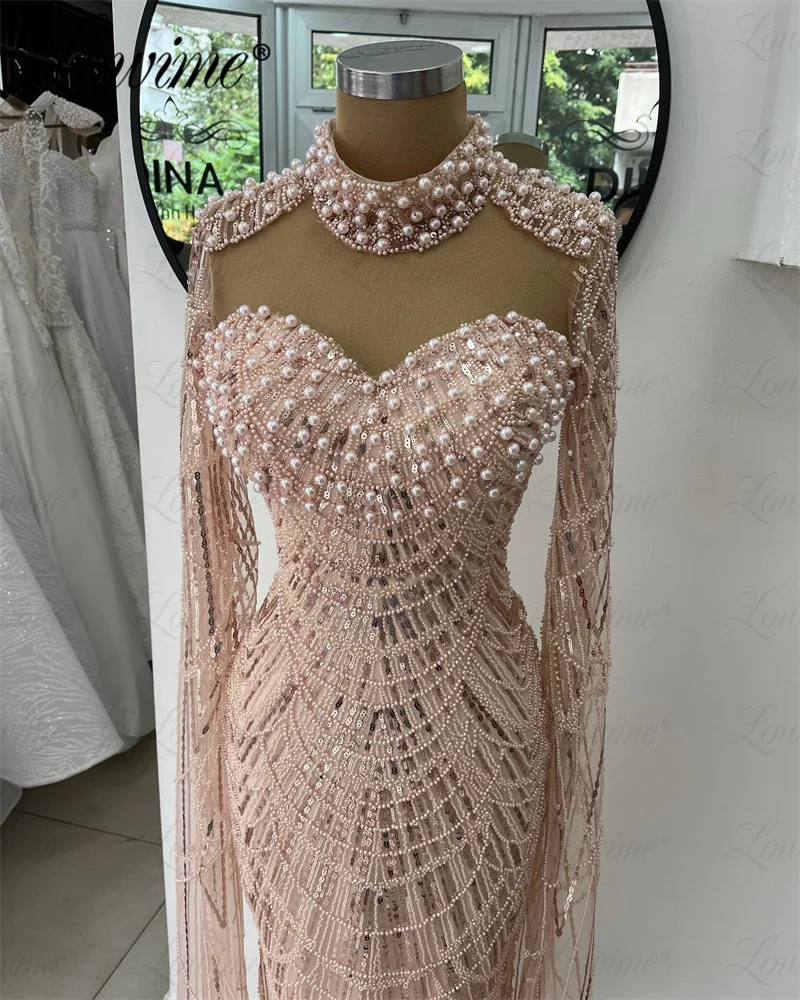 Eleganti abiti da sera arabi rosa 2024 Abito da festa per anniversario di matrimonio con paillettes in rilievo Abiti da ballo con perle arabe Robe De Soiree