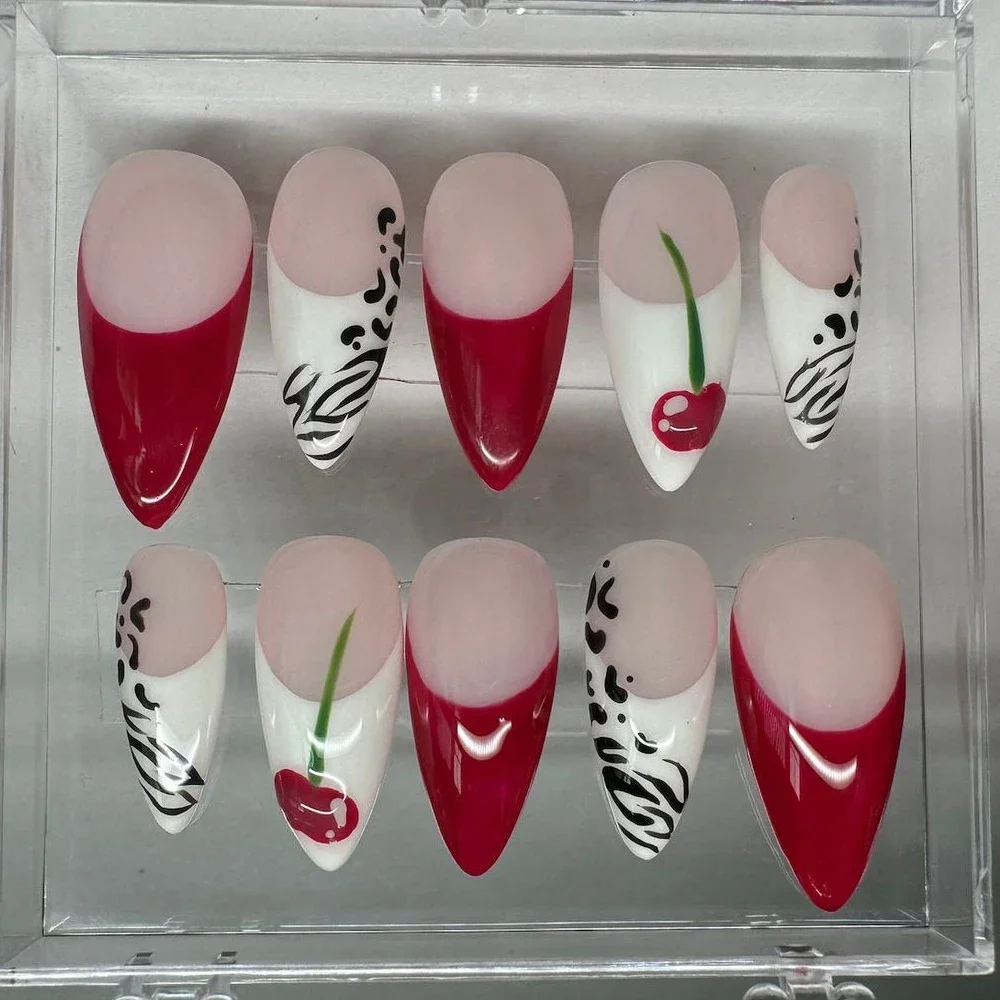 French Handwork Cherry Press On Nails Art Party Sticker Nude Pink Red White Zebra Print Short Stiletto Nails Art Halloween Gift