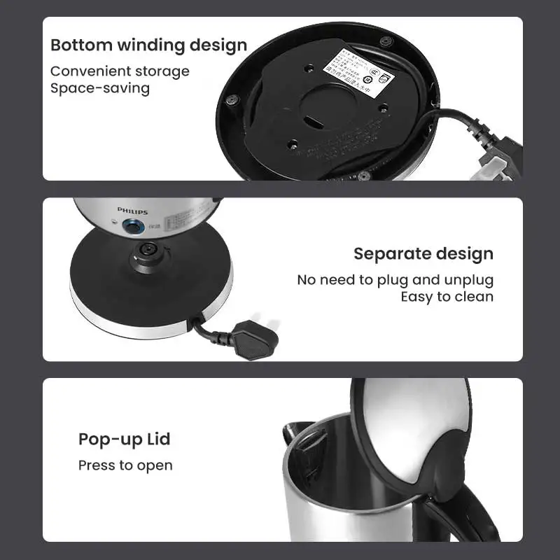 กาต้มน้ำไฟฟ้าฟิลิปส์ รุ่น HD9316 ความจุ 1.7 ลิตร 1800 วัตต์ พร้อมฟังก์ชั่นควบคุมอุณหภูมิคงที่ ผลิตจากสแตนเลสเกรด 304 สำหรับอาหาร