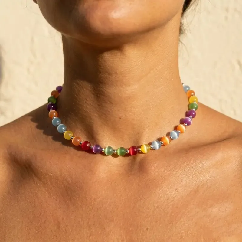 Rainbow Beaded Choker UV Reactive Stackable Necklace Bracelet Jewelry Set for Women Summer Party Jewelry Gifts