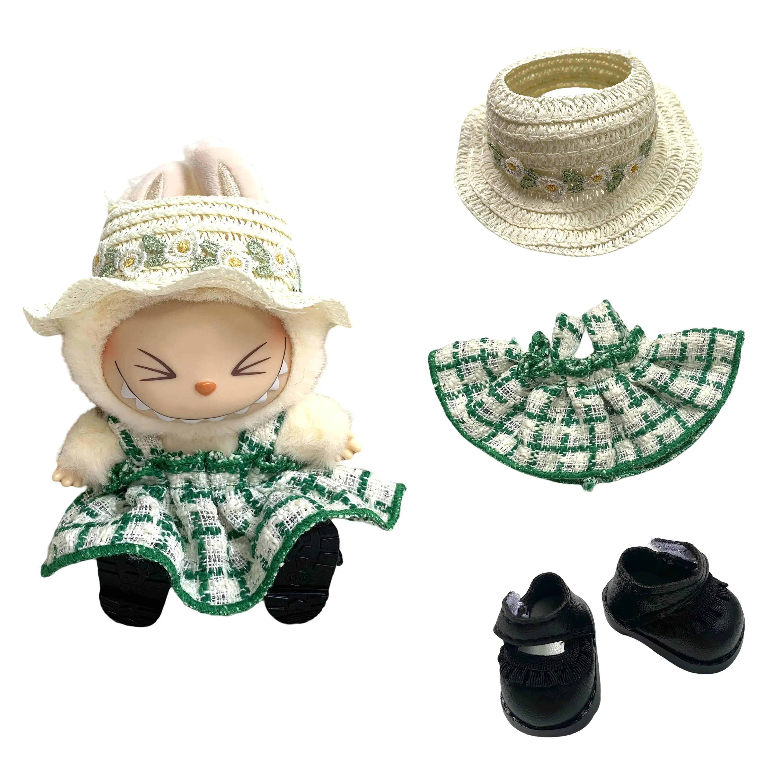 Одежда для мини-куклы Labubu, одежда, аксессуары, кукла, зеленое платье, шляпа, обувь, одежда