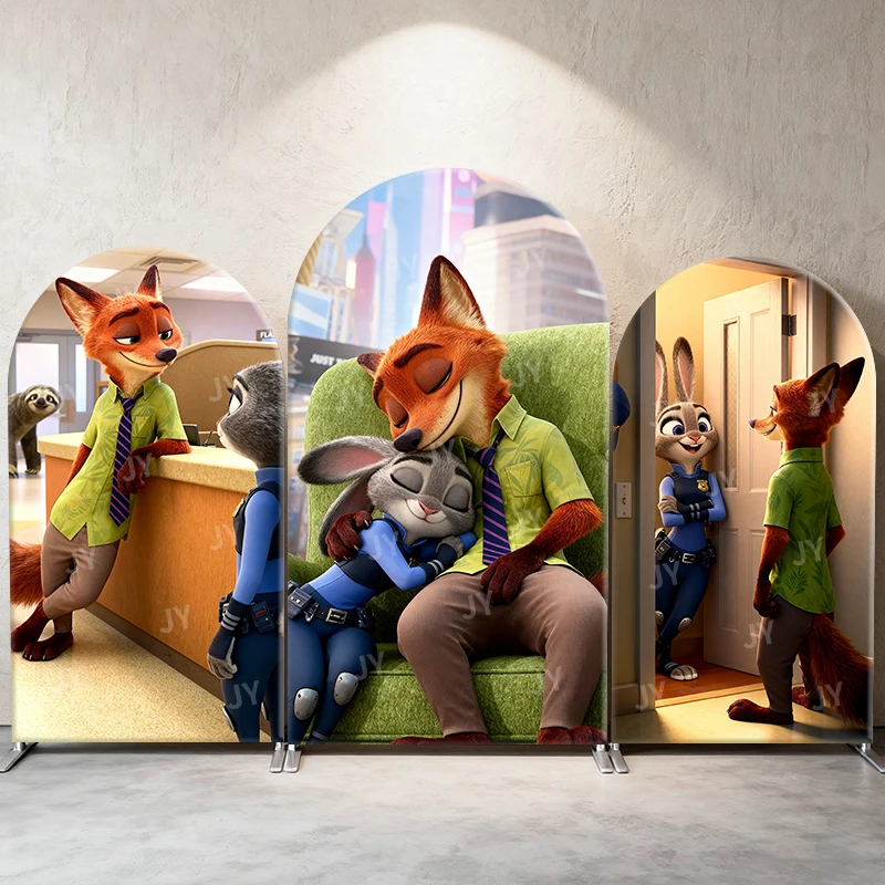 

Zootopia Nick Judy Arch Backdrop Cover Office Hug Scene Cartoon Theme Kids Party Photo Booth Decor Background