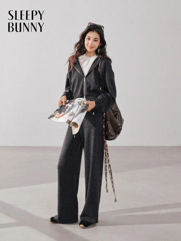 

Women Autumn Soft Knit Zip Up Hoodie and Wide Leg Pants Outfit Cozy Casual Two Piece Set Loose Fit Tracksuit for Daily or Travel