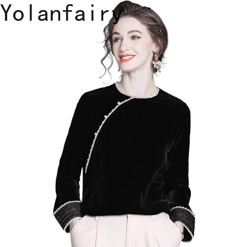 

YOLANFAIRY Real Mulberry Silk Velvet Blouse Woman 2025 Autumn Vintage Womens Top Luxury Blouses for Women Elegant Black Blouse