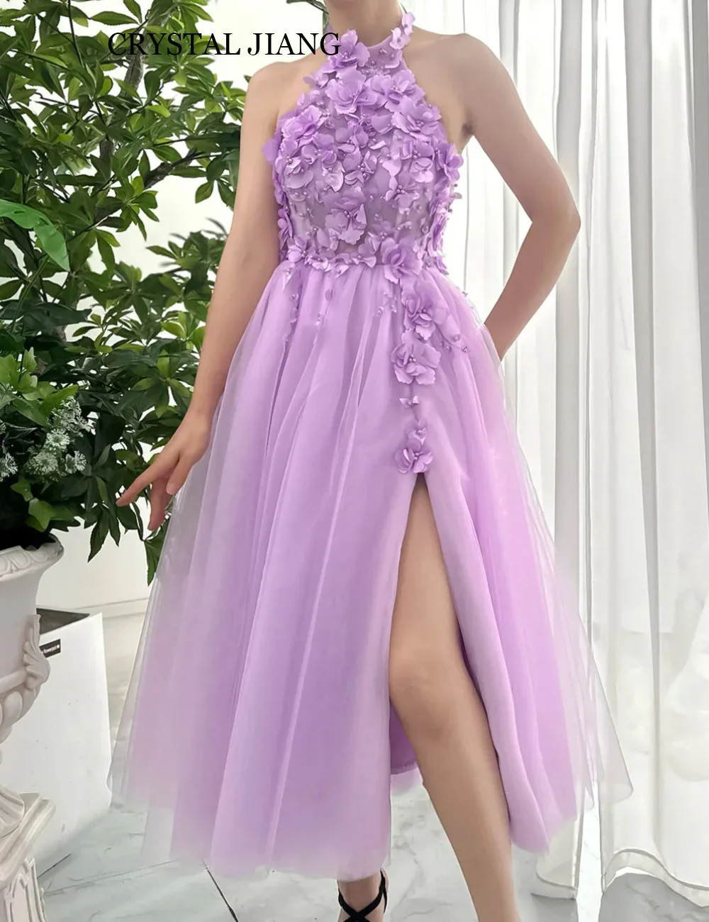 

Elegant Short Purple Prom Dresses Halter Neck Tulle Prom Dresses Sleeveless with Slit A Line Tea Length فساتين حفلة موسيقية