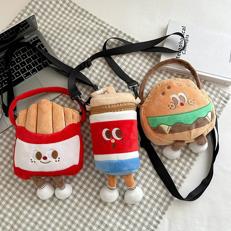 Lindo y colorido bolso de hombro de comida de peluche; Bolso cruzado de felpa con estampado de comida rápida y fresca para niños.