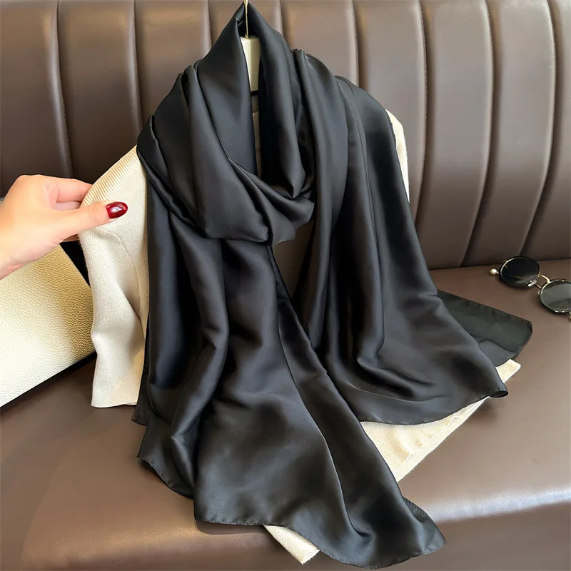 Fashion 90x180cm Solid Color Satin Muslim Hijab Soft Silk Feeling Headscarf Outdoor Beach Sunscreen Shawl