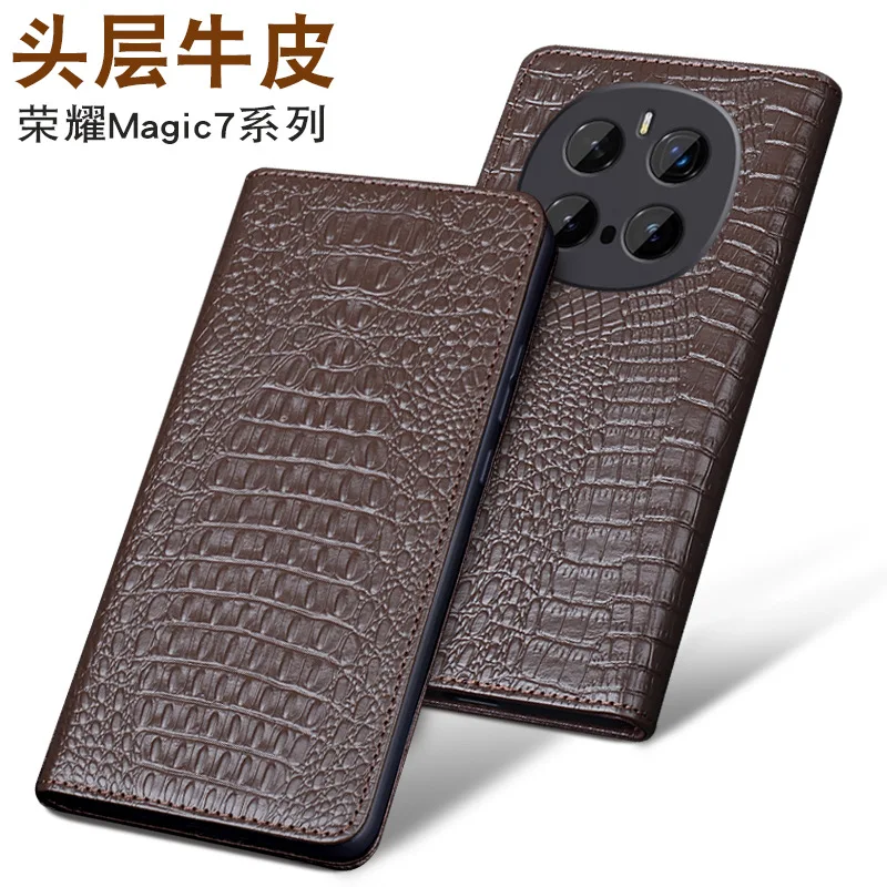 Wobiloo Luxury Genuine Leather Wallet Business Phone Cases For Honor Magic 7 Magic7 Pro Cover Credit Card Money Slot Holste Case