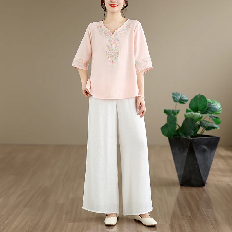 

New Chinese Style Artistic Vintage V-Neck Embroidered Loose Casual Thin Women's Set Cotton Linen Material Short Sleeve Long P...