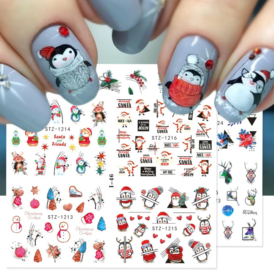 4 In 1 Penguin Christmas Nail Art Stickers Cartoon Xmas Snowflake Bird Holly Santa Elk Winter Slider New Year Decoration BEI-46