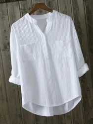 Cotton White Shirt Women's Tops Mujer Office Long Sleeve New Korean Loose Casual Vertical V-neck Shirts Top Blusas De Mujer