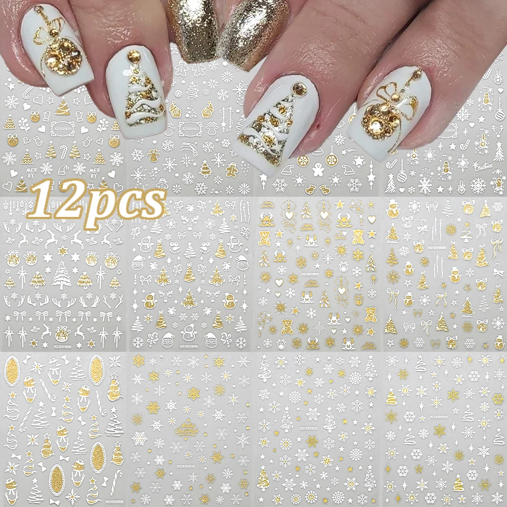 12 個 3D ホワイトゴールドグリッタークリスマスネイルステッカーエレガントなスノーフレーク、クリスマスツリー、雪だるま、エルクネイルデカールクリスマスネイルスライダー