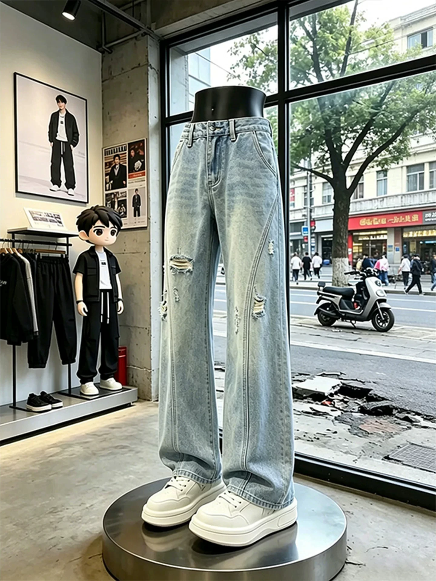 

Washed Blue Men's Summer Thin Straight Leg Jeans Tear Hole Bell Bottoms Casual Wear Resistant And Non Deformable mid Waist