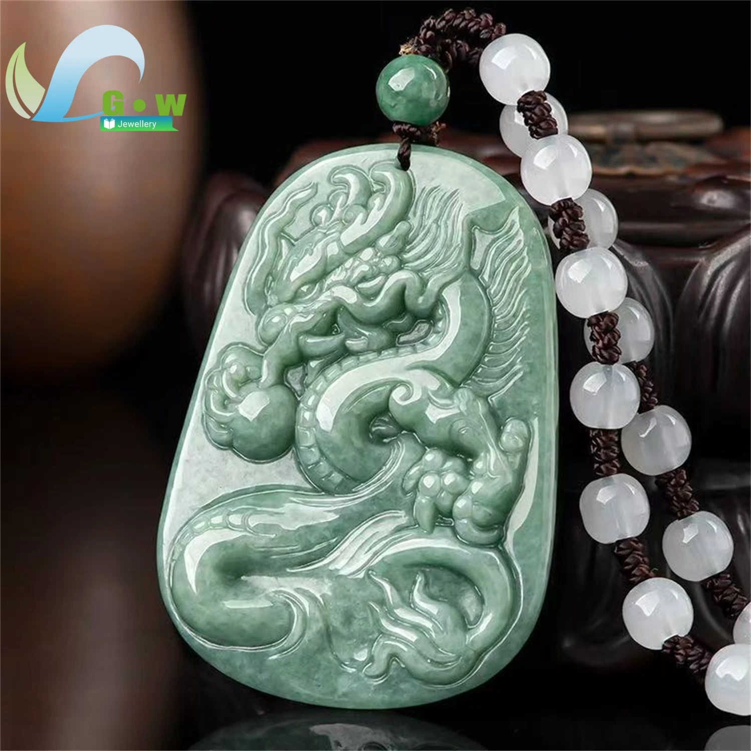Natural A Grade Jadeite Majestic Dragon Plaque Pendant Bean Texture Powerful Carved Hanging Ornament Unisex Jewelry Gift