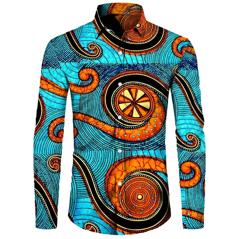 New Men\'s Button Shirt Dashiki African Print Long Sleeve Shirts Tops Traditional Couple Clothes Hip Hop Ethnic Style Streetwear