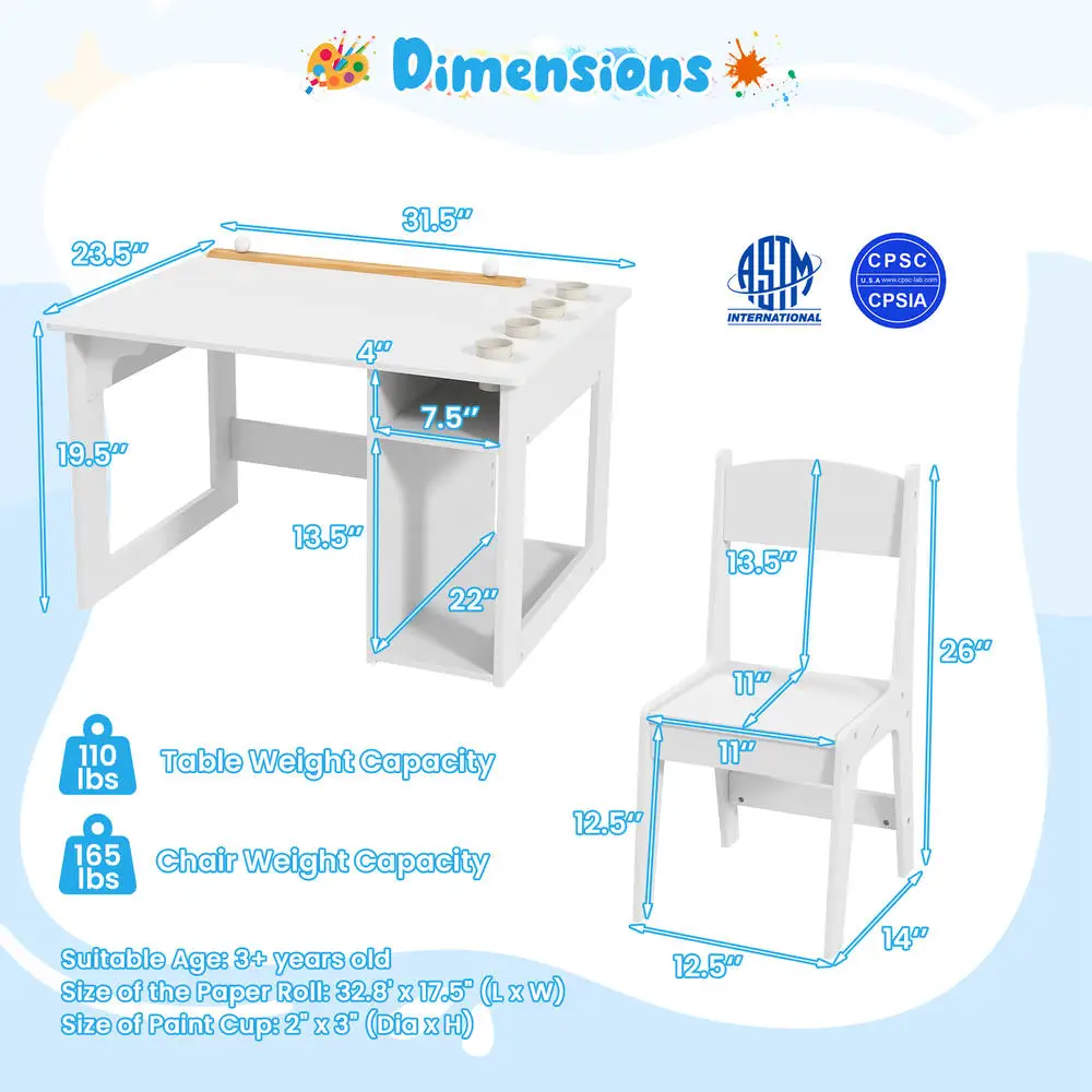 Kids Art Table And Chair Set With Paper Roll And Storage Shelves-White