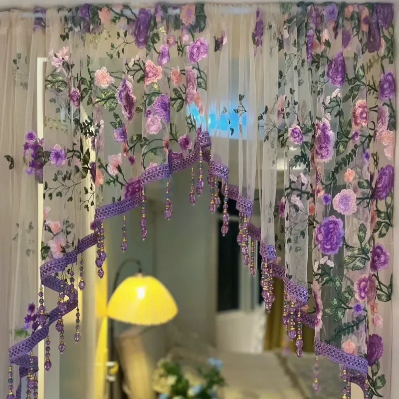 Embroidery Country Flower Lace Curtain for Kitchen Window Luxury Beaded Voile Vintage Farmhouse Triangle Small Curtain