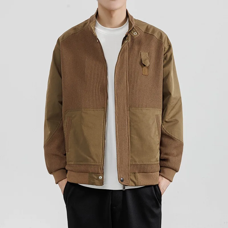 

Мужская демисезонная куртка с воротником-стойкой, свободного кроя, вязаная, с вставками, немнущаяся, повседневная, из полиэфирного волокна, с длинными рукавами, верхняя одежда