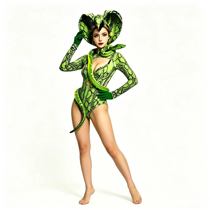 Traje de Fiesta de Halloween para Mujer con Estampado de Serpiente, Sexy, con Accesorio para la Cabeza, para Disfraces de Animales, Ropa de Baile y Actuaciones en Escenario