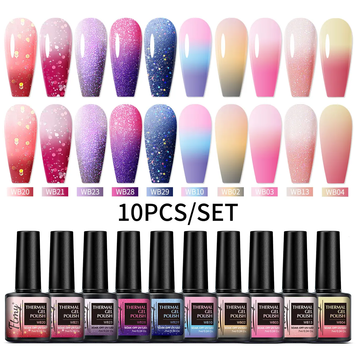 

Набор из 10 гель-лаков для ногтей, меняющих цвет, с блестками на День святого Валентина, с УФ-защитой, меняющимся настроением, и