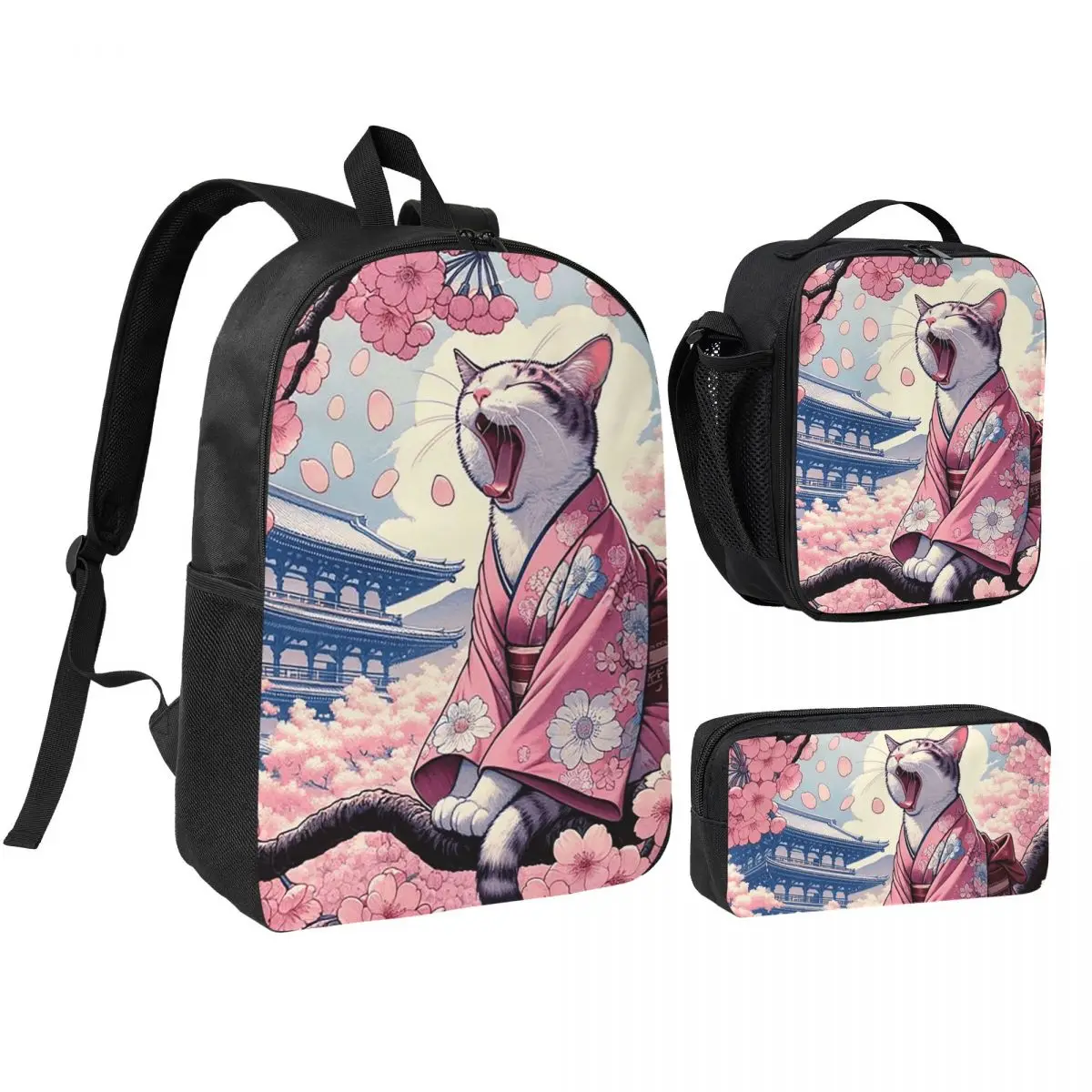 Japanese Ukiyo-E Style Cat And Cherry Blossom Backpack BookBag School Bag Shoulder Bags 3ps Insulated Lunch Bag Pencil Case