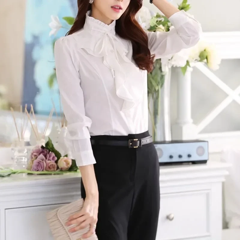 Women\'s Fashion Ruffled Collar Long Sleeve Shirt Temperament White-collar Business Work Commuter Shirt Slim Formal Dress Top