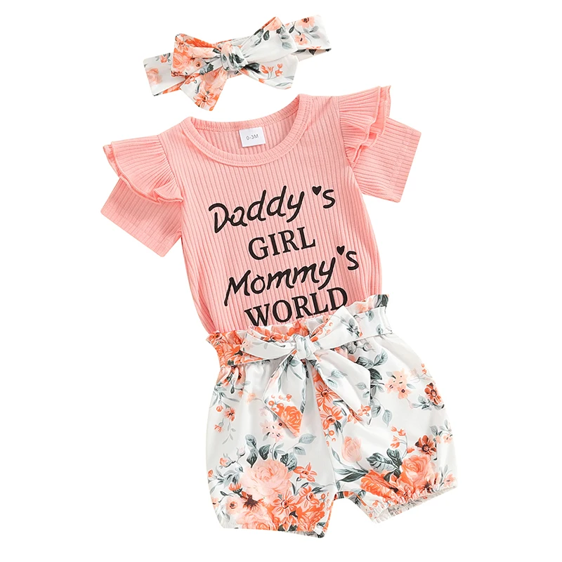 Newborn Baby Girls Outfit Daddy s Girl Mommy s World Print Short Sleeve Romper Jumpsuit Bodysuit Tops Floral Shorts