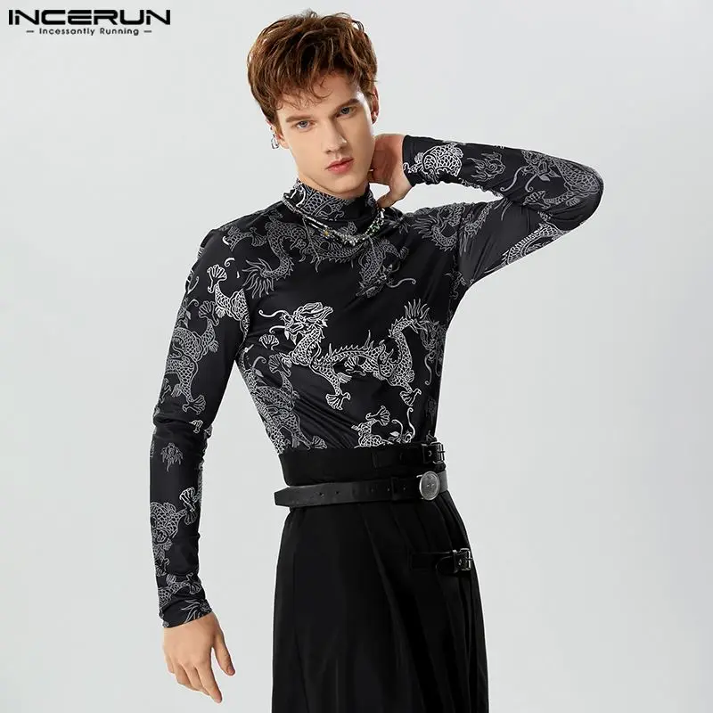 INCERUN Tops 2023 American Style Fashion Men Retro Dragon Totem Pattern T-shirts Casual Personalized Long Sleeved Camiseta S-5XL