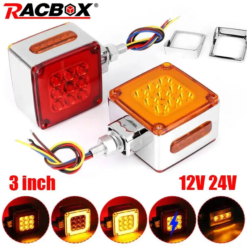 3 inch Square LED Side Marker Light Double Face Flashing LED Turn Signal Lights 12V 24V Red Amber Halo Light For Truck Trailer