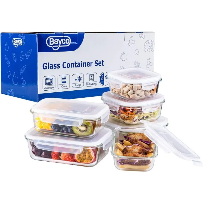 حاويات تخزين طعام زجاجية كبيرة مع أغطية، [12 قطعة] حاويات إعداد الوجبات الزجاجية، (6 أغطية و6 حاويات) (مربع ومستطيل)