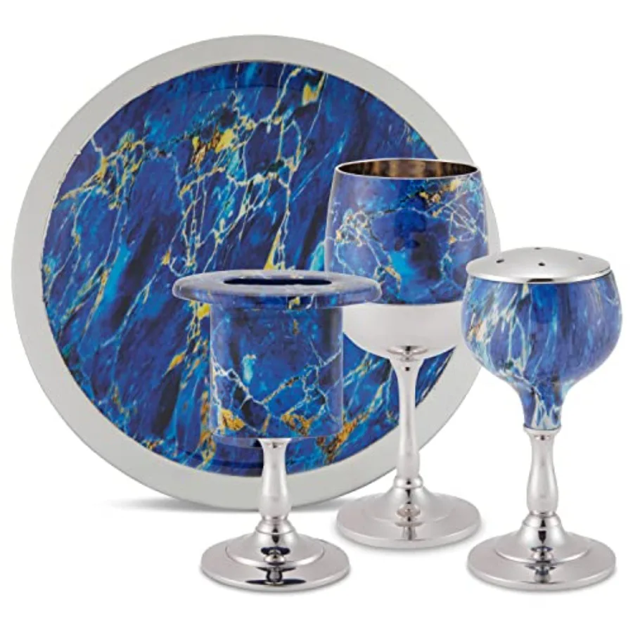 Elegant End of Shabbat Havdalah Set Nickel Plated Blue Marble Decal - Includes Matching Kiddush Cup Goblet and Tray Havdualah C