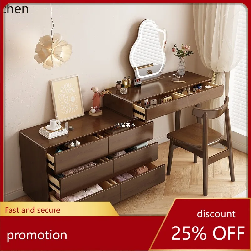 

Hxl solid wood dressing table walnut retractable extra large capacity chest of drawers all-in-one
