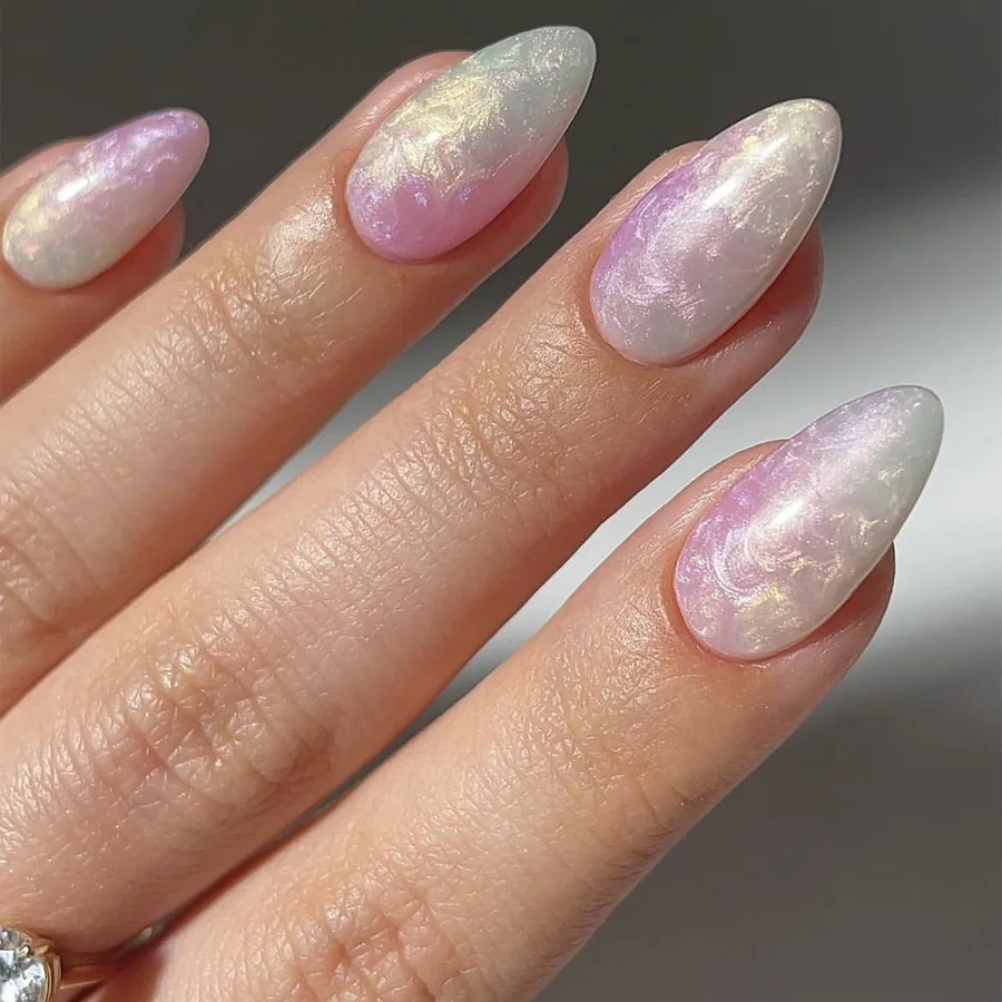 24pcs press on nails almond Aurora marble purple pink nails press ons full cover fake nails with glue acrylic false stick on