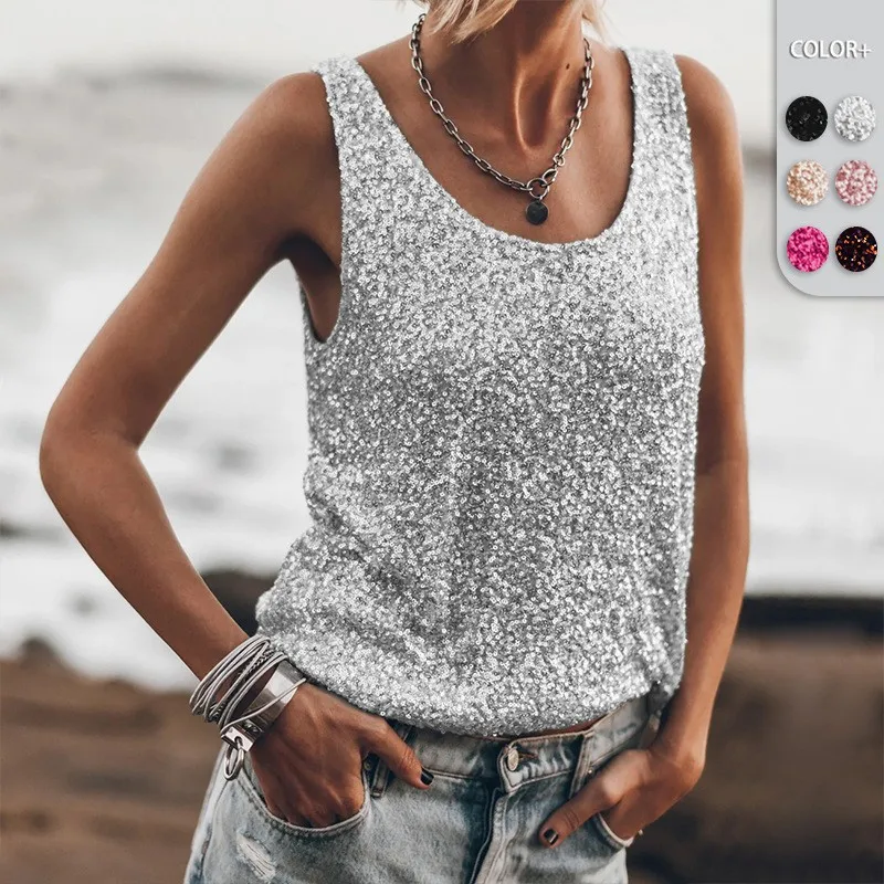 

New Trendy Women's Vest Sequin Fashion Nightclub Pullover Top High Street Exquisite Suspender Female Sleeveless T-shirt