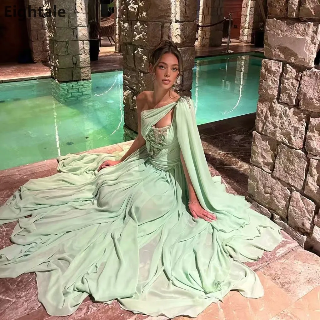 Eightale 2025 verde menta un hombro una línea de gasa Maxi vestido de noche Arabia Saudita vestido de fiesta Dubai vestido de fiesta personalizado