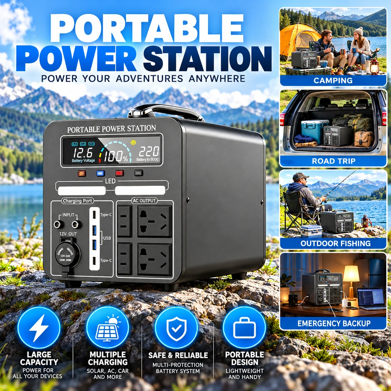 New LiFePO4 battery 600W+600Wh portable power supply 220V energy storage battery solar system for off grid appliances, RV