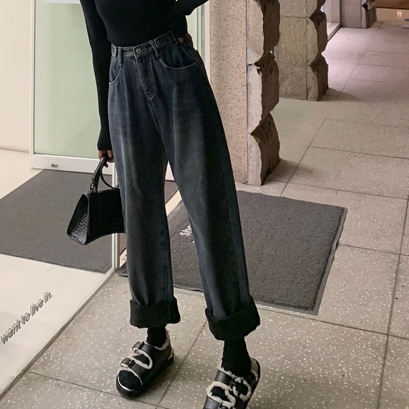 

Джинсы с высокой талией, прямые, на флисовой подкладке, длинные брюки для женщин, зимние, теплые, самонагревающиеся, темного цвета, повседневные, удобные