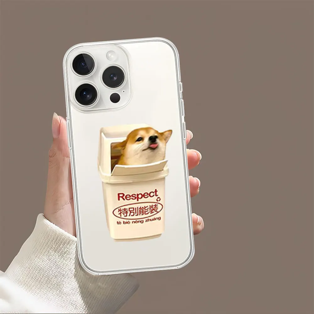 Fun Trash Can Doge Meme Phone Case for iPhone 11 12 13 14 15 16 Max Pro Plus Transparent Soft Shell