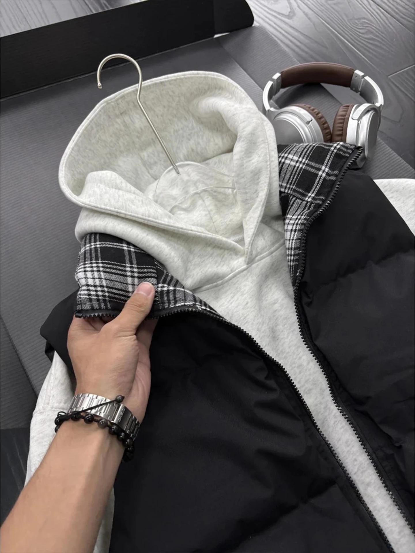 Black Plaid Splicing Men's down Vest Autumn Winter Warm Outerwear Shoulder Coat Trendy Brand Stand Collar Sleeveless Cotton J...