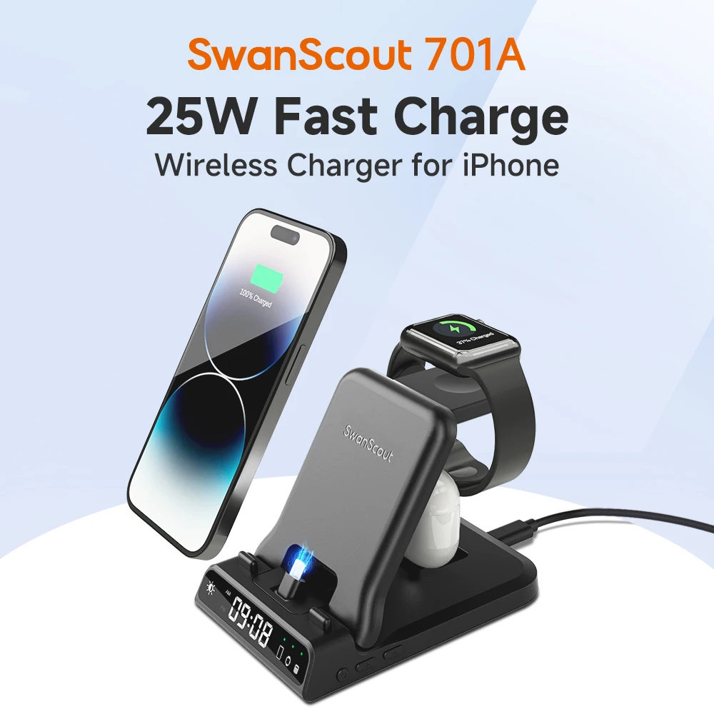 

SwanScout 701A Wireless Charger for iPhone 14 13 12 11 XR Charging Station Dock for Apple Watch Series 9 8 7 6 for AirPods 3 2 1