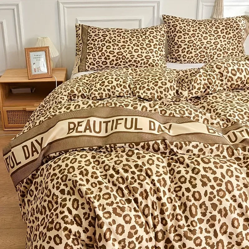 

Leopard Print Bedding Set BEAUTIFUL DAY Letter Duvet Cover Soft Polyester Quilt Cover with Pillowcase Queen King Size Bed Linen