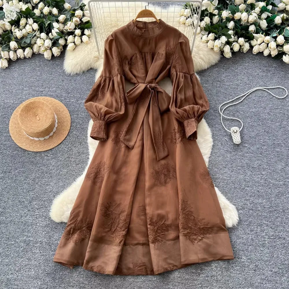

Elegant Women's Summer Office Dress Lace-Up Belt Casual Loose Long Robe with Lantern Sleeves And Mesh Embroidery